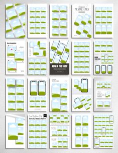 a large set of green and white web pages with different layouts for each page