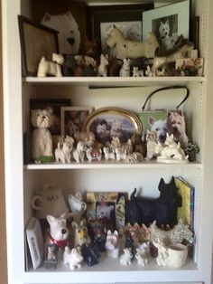 a book shelf filled with figurines and pictures