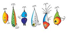 five different types of fishing lures hanging from hooks, each with an eye on it