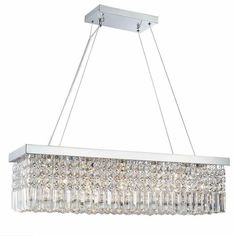 a large rectangular chandelier with clear crystal beads hanging from the bottom and sides