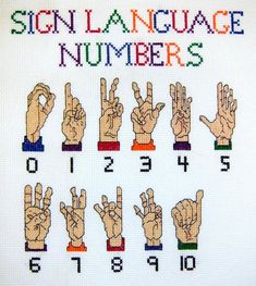 a cross stitch pattern with hands and numbers on it, all written in different languages