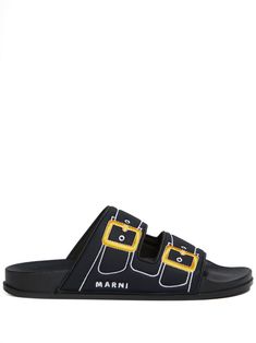 black embroidered motif embroidered logo to the side cut-out detailing open toe slip-on style branded insole flat rubber sole Pre Fall Collection, Top Designer Brands, Slides Shoes, Fashion Tv, High End Fashion, Workout Gear, Slide Slipper, Fashion Item, Open Toe