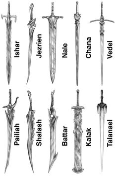 the different types of swords are shown in black and white, as well as their names