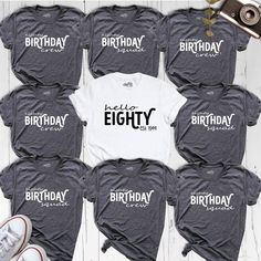 80th Birthday Crew Shirt, Hello Eighty Birthday Shirt, Birthday Party Family Matching Tee, Custom Mom Dad Bday Outfit, Est 1944 Shirt Celebrate a milestone in style with our 80th Birthday Shirt and Eighty Birthday Shirt, perfect for honoring that special someone! The "Hello Eighty" design adds a playful touch, while our Birthday Crew Shirts make it easy to match with the whole family. Whether it's a grand birthday party or an intimate gathering, this Birthday Party Tee is a must-have for creatin 80th Birthday Tee Shirts, 80th Birthday Tshirts, Birthday Group Shirts, Birthday Squad Shirts, Intimate Gathering, Grandma Birthday, Group Shirts, Birthday Tshirts, Birthday Tee