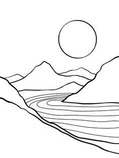 a black and white drawing of mountains with a sun in the sky over them,