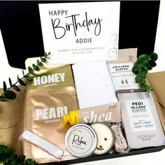 the happy birthday gift box is packed with personal care items