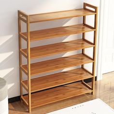 a wooden shelf sitting on top of a hard wood floor