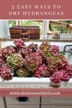 flowers in a sink with text overlay that says, 3 easy ways to dry hydrangeas