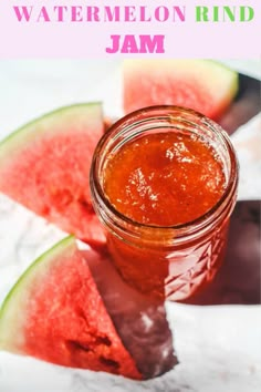 watermelon rind jam in a jar with slices of watermelon on the side