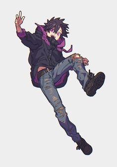 a man flying through the air while wearing jeans and a black jacket with purple hair