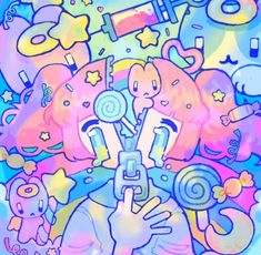 an image of a bunch of cartoon characters on a blue and pink background with bubbles