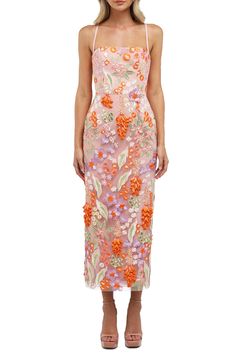 HELSI Gemma Embroidered Tulle Midi Dress | Nordstrom Garden Cocktail Wedding Outfit, Welcome Party Bridal Outfit, Cocktail Attire Dresses, Beach Formal Wedding Guest Dress, Holiday Midi Dress, Unique Rehearsal Dinner Dress, Rehearsal Dinner Outfit Bridesmaid, Colorful Embroidered Wedding Dress, Resort Wedding Guest Dress