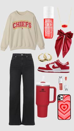 superbowl outfit!! go chiefs!! #chiefs #football #taylorswift #traviskelce #superbowl #red #stanley #iphone #apple #gold #jewelry #bow #coquette #soldejaniro #nike #dior #makeup #outfit #aesthetic Chiefs Game Day Food, Cheifs Superbowl Outfit, Red Stanley, Kc Cheifs, Jam Ideas