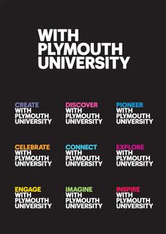 an advertisement for the university with different colors and font on it, including letters that spell out