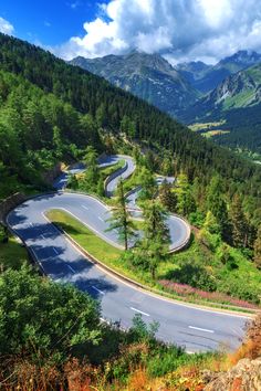 a winding road in the mountains surrounded by trees