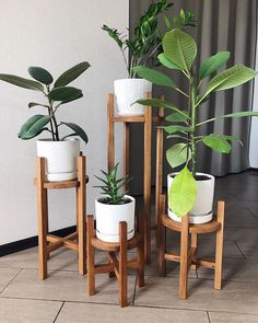 three wooden plant stands with plants in them