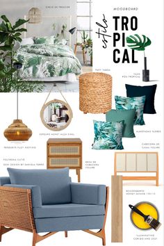 a collage of tropical themed furniture and accessories