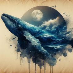 an artistic painting of a whale in the ocean