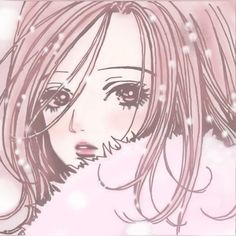 a girl with long hair and big eyes is looking at something in the distance while snow falls on her face