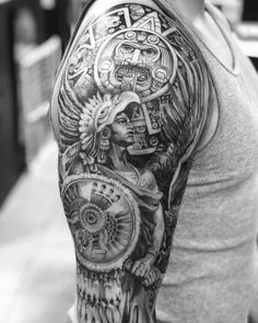 Traditional Mexican Tattoo Ideas, Aztec Art Tattoo, Maya Tattoo, Traditional Chicano Tattoos, Men Sleeves, Mayan Warrior, Aztec Sleeve