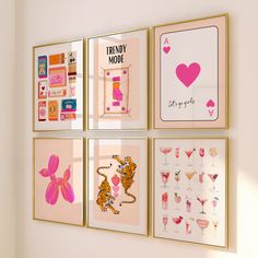 there are four framed pictures on the wall with pink and yellow designs in them,