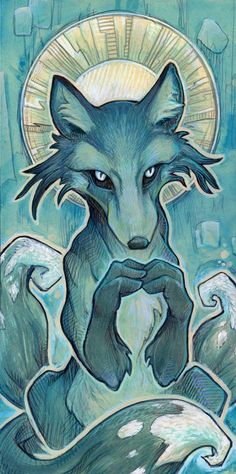 a painting of a wolf with his hands together