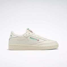 Club C 85 Vintage Shoes - Chalk / Alabaster / Glen Green | Reebok Club C 85 Vintage Shoes, Sneakers Women Outfit, Reebok Club C 85 Vintage, Club C 85 Vintage, Reebok Club C 85, Reebok Logo, White Reebok, Club C 85, Reebok Classics