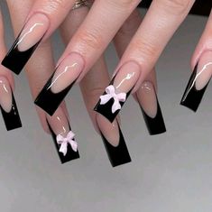 Really Pretty Black French Tip Nailsqith Pink Bows Hello Kitty Nails Acrylic Coffin Short, Black French Tip Nails With Bow, Simple Long Square Nails, My Melody Nails Short, Black Pink And White Nails, Nails Simple Long, Nails With Charms Black, Black And Light Pink Nails, Acrylic Nail Designs Square