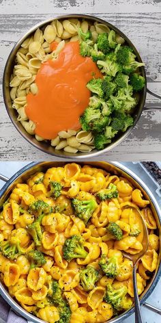 two pans filled with macaroni and broccoli covered in orange sauce