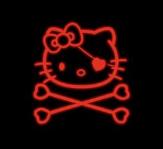 a neon hello kitty skull and crossbones on a black background with red light