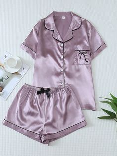 Lilac Purple Casual-Young Collar   Geometric,Letter,Plain Short Sets Embellished Slight Stretch All Women Sleep & Lounge