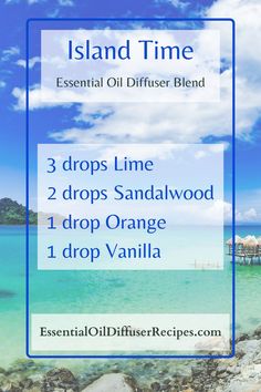 The Island Time essential oil blend contains lime, sandalwood, orange, and vanilla essential oils. Liquid Sunshine Essential Oil Blend, Hippie Juice, Essential Oil Chart, Essential Oil Spray Recipes, Essential Oil Roller Bottle Recipes, Eo Blends, Summer Scents, Essential Oil Beauty, Relaxing Beach