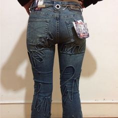 Questions? Leave A Comment Below! Patch On Jeans, Customized Jeans, Edgy Jeans, Lace Up Jeans, Clothing Art, Streetwear Jeans, Custom Jeans, Low Rise Flare Jeans, Custom Ideas