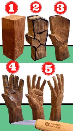 four different types of wooden carvings with numbers on them