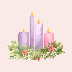 three candles are surrounded by greenery and berries on a pink background with the words happy new year written below it