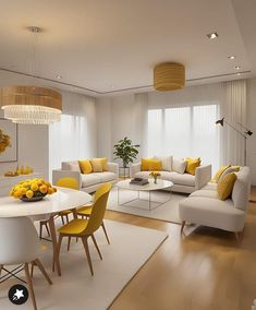 a living room filled with white furniture and yellow accents