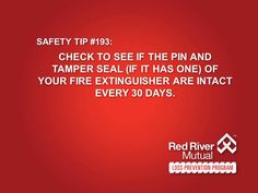 Safety Tip #193: Check to see if the pin and tamper seal (if it has one) of your fire extinguisher are intact every 30 days. #preventing #farmequipment #fires Space Heaters, Cord Light, Sump Pump, Electrical Installation, Static Electricity