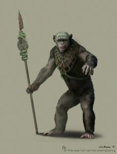 a drawing of a monkey holding a spear and wearing a necklace with beads on it's neck