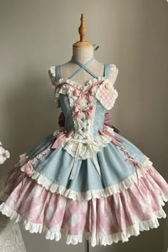 Blue/Pink [Sweetheart Cowboy] Plaid Print Ruffle Bowknot Sweet Lolita – LolitaInside Cute Dress Outfits Aesthetic, Doll Fashion Outfits, Cute Core Outfit, Cute Core Aesthetic, Pink Blue Outfit, Sweetheart Outfit, Pink And Blue Outfit, Small Ribbon Bow, Pastel Aesthetic Outfit