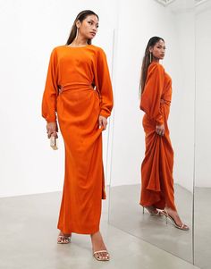 Citrus Aesthetic, Orange Long Sleeve Dress, Bright Orange Dress, Orange Outfits, Eid Outfits, Orange Maxi Dress, Cocktail Dress Formal, Feed Ig, Orange Outfit