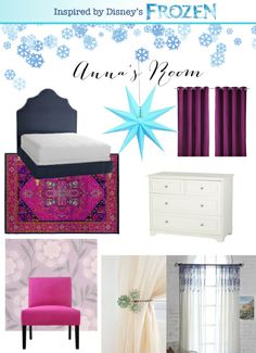 a collage of different items including a bed, dresser and window with snowflakes on it