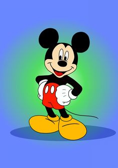 the mickey mouse character is smiling and holding onto a red object in front of a blue background