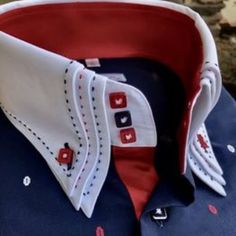 Morcouture Limited Edition Patriot Triple Collar Shirt. Our Premium Wrinkle Free Raised Pattern Fabric, 100% Cotton, French Cuffs, Contrast White Collar/Cuffs. Shirt Is Full Regular Fit. Designer Fitted Red Shirt, Designer Red Fitted Shirt, Designer Fitted White Shirt, Luxury White Top With Buttons, Luxury White Buttoned Top, Luxury White Tops With Buttons, Designer Red Formal Tops, Elegant Red Short Sleeve Shirt, Red Designer Formal Tops