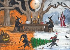 an image of halloween scene with witches and cats