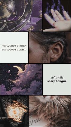 a collage of photos with text that reads not a god's chosen but a gods cursed soft smile tongue