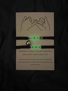 "LOVE YOU HEART PINKY PROMISE BRACELETS - Have this pair of Matching bracelets, feeling together no matter where you are & no matter how far with your lovers. Distance and time apart from someone can be hard, but so sweet when knowing you are missing each other at all times. GLOW IN THE DARK after being charged. PREMIUM MATERIAL - These Pinky Promise Bracelets are made of high-quality smooth black cord; the friendship bracelet is lightweight and comfortable to wear. One for each to wear as a dai Pinky Promise Bracelet, Promise Bracelets, Matching Bracelets For Couples, Bracelets For Couples, Bracelet Couples, Time Apart, Promise Bracelet, Bracelet Matching, Romantic Surprise