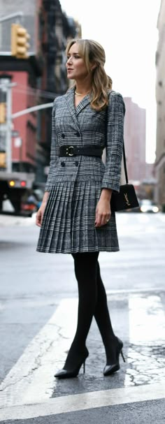 classic glen plaid pleated double-breasted suit dress, opaque black tights, classic pointed toe pumps, ysl suede dylan bag Warm Winter Dresses, Winter Skirt, Nyc Fashion, Mode Inspo, Work Attire, Mode Inspiration, Outfit Casual, Office Fashion, Elegant Outfit