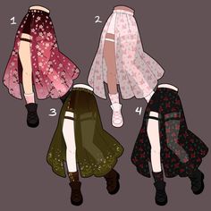 four different skirts are shown in three different colors and sizes, one is pink, the other is green