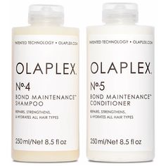 Olaplex No.5 Bond Maintenance Conditioner 8.5 oz  The No. 5 Bond Maintenance Conditioner is a highly-moisturizing, reparative conditioner that protects and repairs damaged hhair, split ends, and frizz by re-linking broken bonds. It is for all hair types and leaves hair easy to manage, shiny, and healthier with each use. It is color-safe, leaves hair stronger than ever, and benefits all hair types and textures.  Olaplex No.4 Bond Maintenance Shampoo 8.5 oz  This shampoo repairs and protects hair Olaplex Shampoo, Good Shampoo And Conditioner, Shampoo And Conditioner Set, Vitis Vinifera, Best Shampoos, Damaged Hair Repair, Hair Breakage, Hair Maintenance, Hair Repair