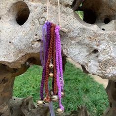 there are three bells hanging from the tree branch with purple and red cords attached to it